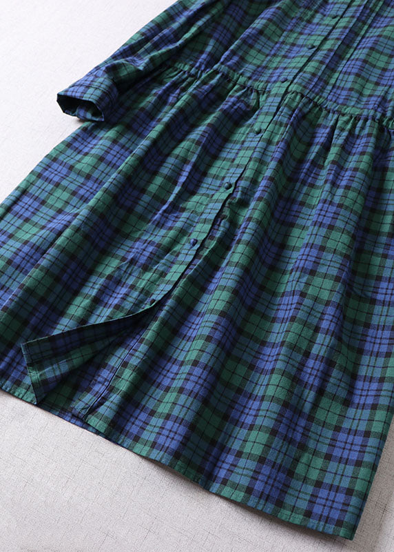 French Green Cinched Plaid Cotton Maxikleider Frühling