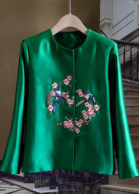 French Green Embroidered Bird Patchwork Silk Coat Spring