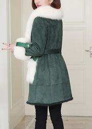 French Green Fox Collar Tie Waist Leather And Fur Coats Winter