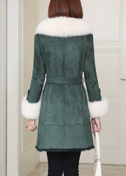 French Green Fox Collar Tie Waist Leather And Fur Coats Winter