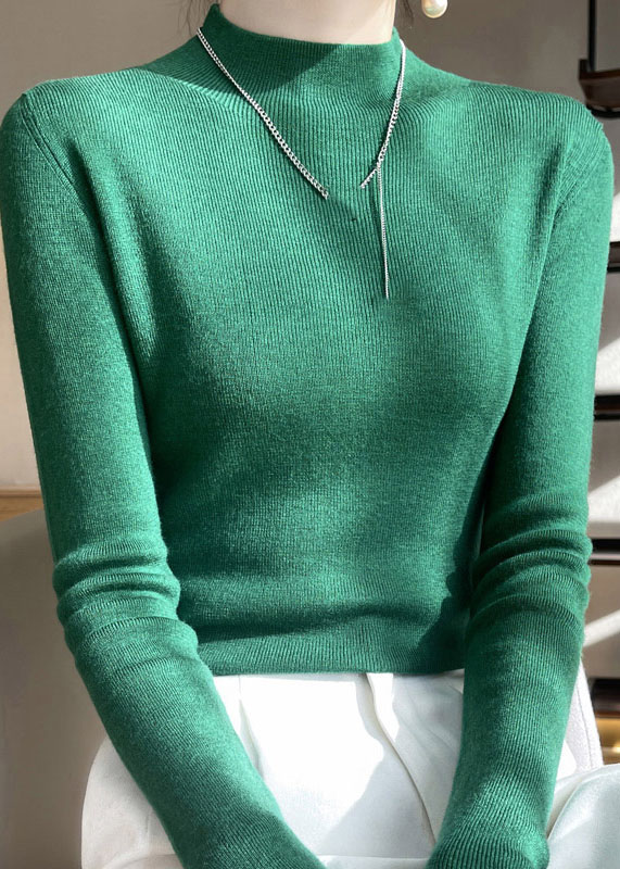 French Green High Neck Slim Fit Wool Knit Sweaters Spring