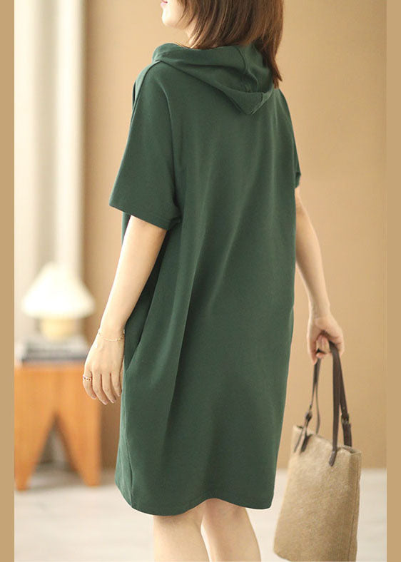 French Green Hooded Drawstring Print Cotton Pullover Sweatshirt Dress Short Sleeve