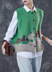 French Green Jacquard Fuzzy Ball Decorated Knit Vest Two Pieces Set Spring