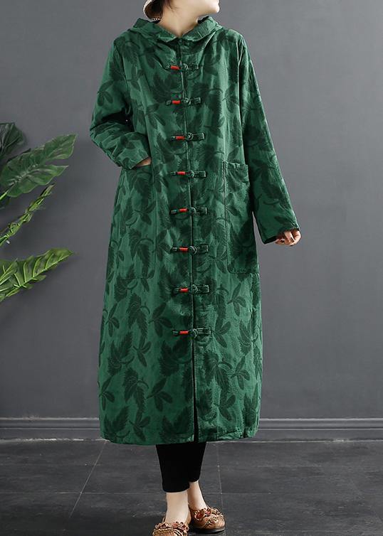 French Green Jacquard Hooded Chinese Button Robe Dresses - SooLinen