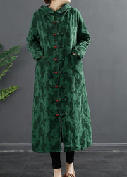 French Green Jacquard Hooded Chinese Button Robe Dresses - SooLinen