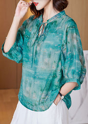French Green Lace Up Print Patchwork Cotton T Shirt Tops Lantern Sleeve