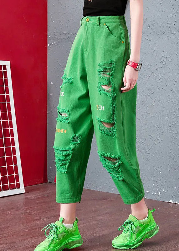 French Green Letter Embroidered Pockets Cotton Harem Pants Summer