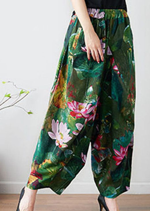 French Green Loose Oriental Print Pockets Fall Pants Trousers