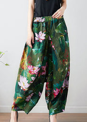 French Green Loose Oriental Print Pockets Fall Pants Trousers