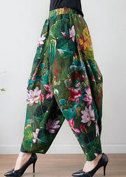 French Green Loose Oriental Print Pockets Fall Pants Hose
