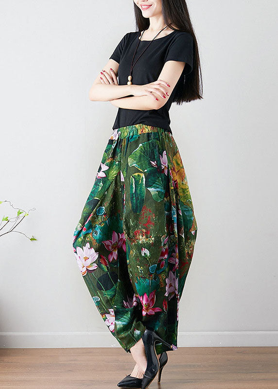 French Green Loose Oriental Print Pockets Fall Pants Hose