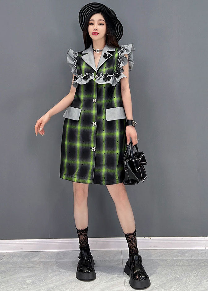 French Green Notched Collar Patchwork Ruffles Plaid Vacation Dresses Sleeveless