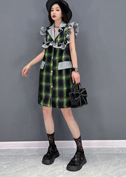 French Green Notched Collar Patchwork Ruffles Plaid Vacation Dresses Sleeveless