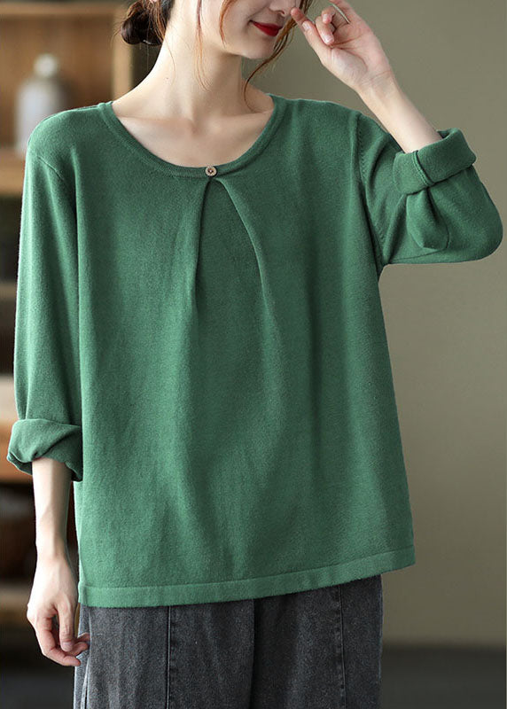 French Green O-Neck Button Fall Knit Knitted Sweaters Top