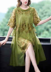 French Green O-Neck Embroidered Tulle Patchwork Silk Dress Summer