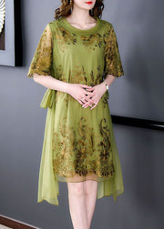 French Green O-Neck Embroidered Tulle Patchwork Silk Dress Summer