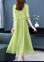 French Green O-Neck Lace Up Extra Large Hem Silk Long Dress Half Sleeve