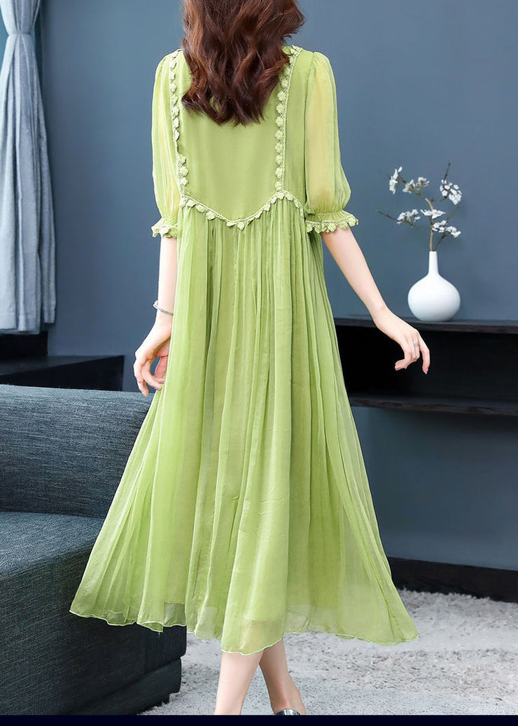 French Green O-Neck Lace Up Extra Large Hem Silk Long Dress Half Sleeve