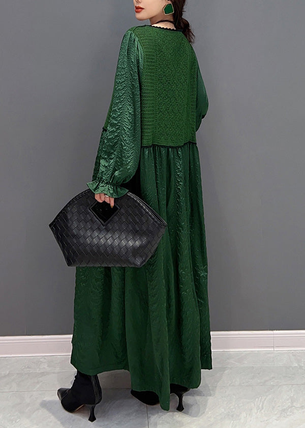 French Green O-Neck Patchwork Knit Maxi Dresses Winter