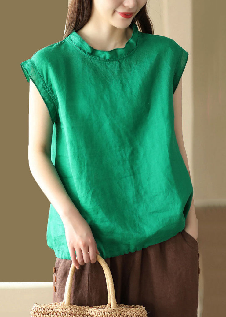 French Green O Neck Patchwork Linen T Shirt Tops Summer