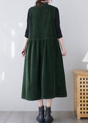 French Green O-Neck Patchwork Pockets Corduroy Vacation Dresses Spring