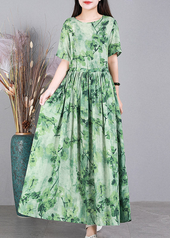 French Green O-Neck Print Linen Long Dress Short Sleeve