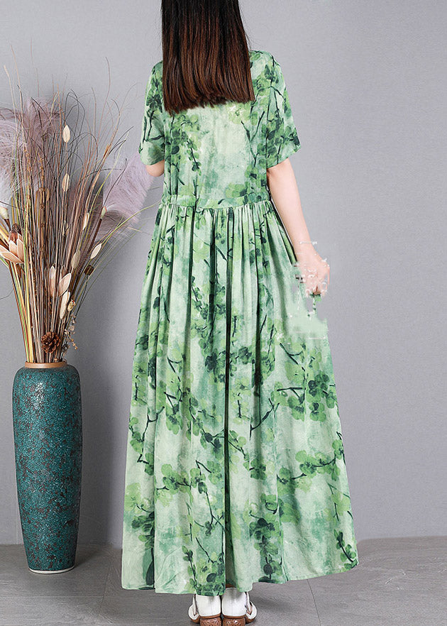Französisches grünes Leinenkleid mit O-Ausschnitt und kurzen Ärmeln