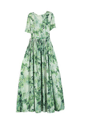 French Green O-Neck Print Linen Long Dress Short Sleeve