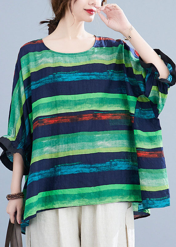 French Green O-Neck Print Ruffled Fall Striped Shirt Tops Half Sleeve