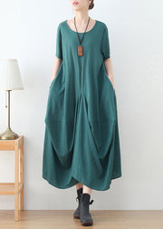 French Green O-Neck Wrinkled Cotton Party Dress Short Sleeve