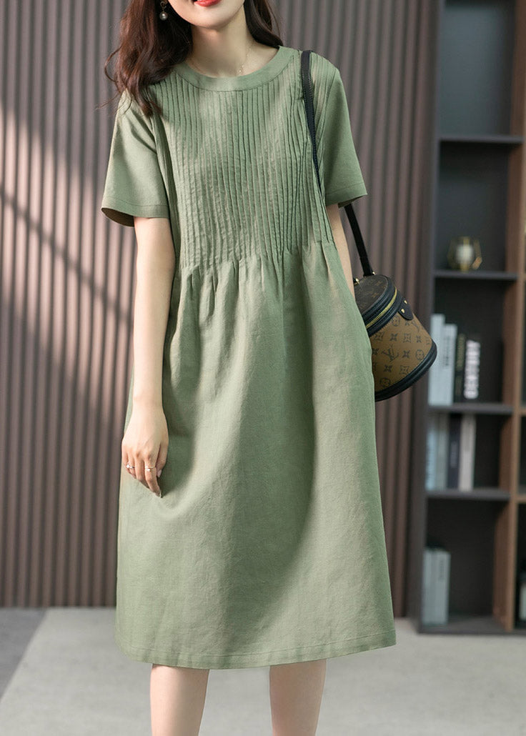 French Green Leinenkleid mit O-Ausschnitt, zerknittert, kurzärmlig