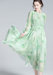 French Green O Neck Wrinkled Patchwork Silk Dresses Summer