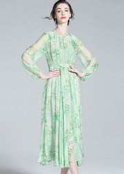 French Green O Neck Wrinkled Patchwork Silk Dresses Summer