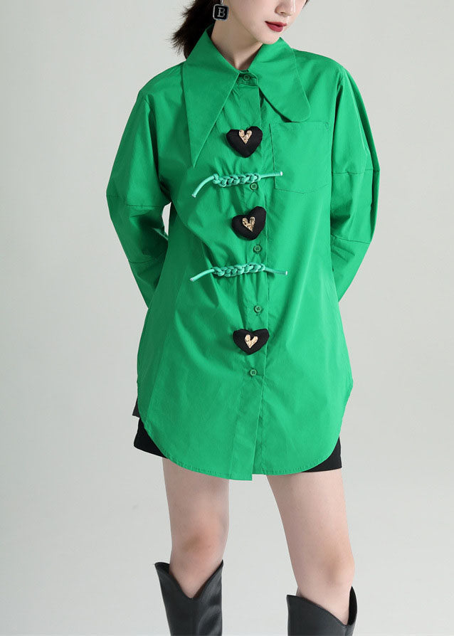 French Green Oversized Patchwork Love Applique Cotton Blouses Fall
