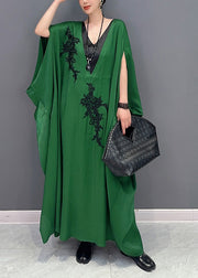 French Green Oversized Patchwork Silk Ankle Dress Batwing Sleeve