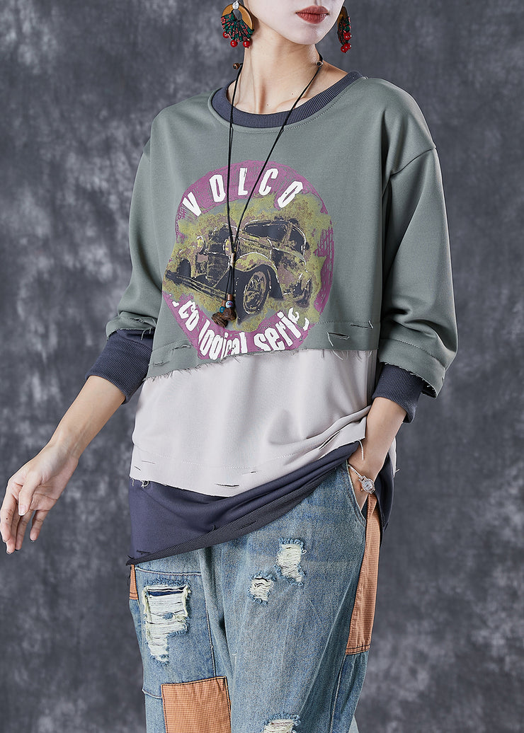 French Green Oversized Patchwork Warm Fleece Pullover Tops Winter