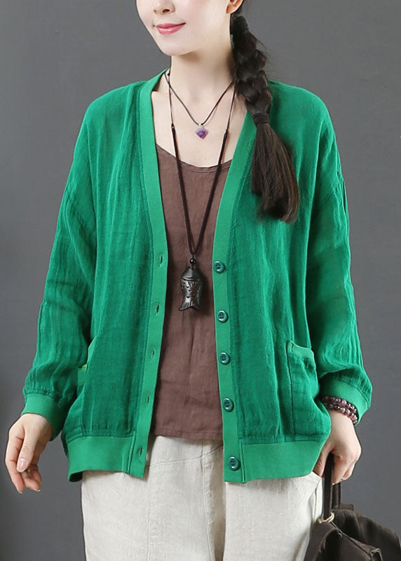 French Green Oversized Pockets Linen Jacket Spring