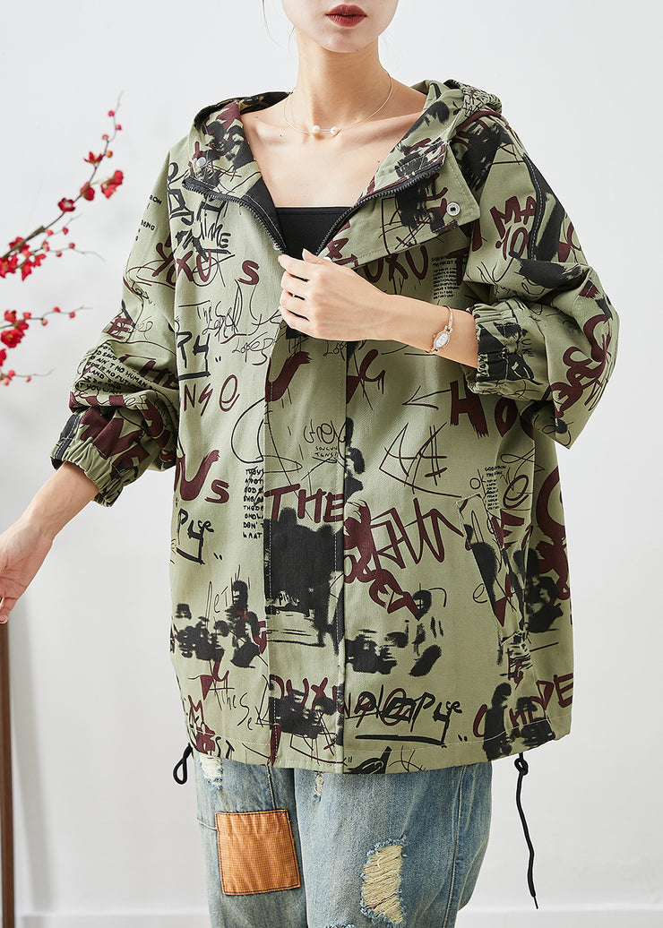 French Green Oversized Print Drawstring Cotton Jackets Fall