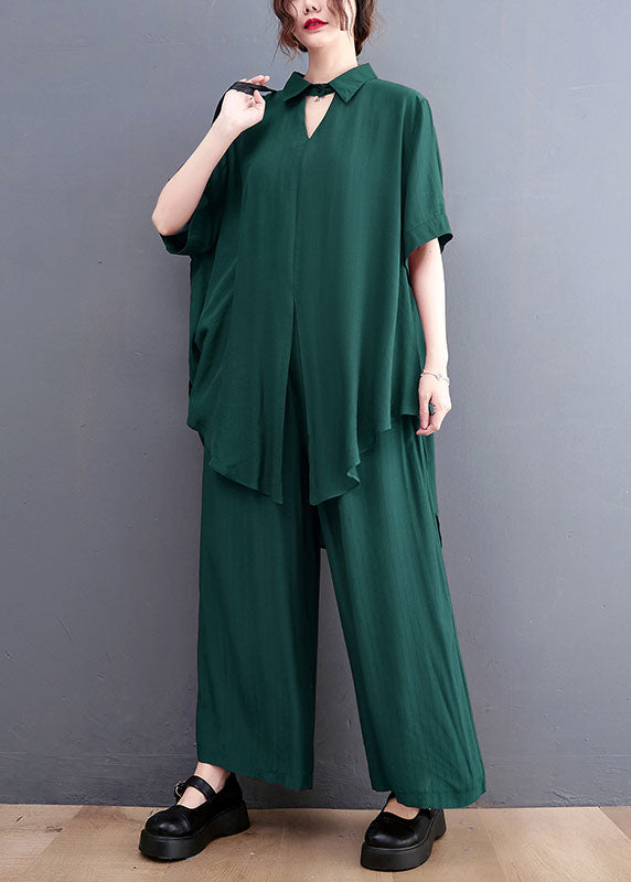 French Green Oversized Side Open Draping Silk Two Piece Set Women Clothing Summer