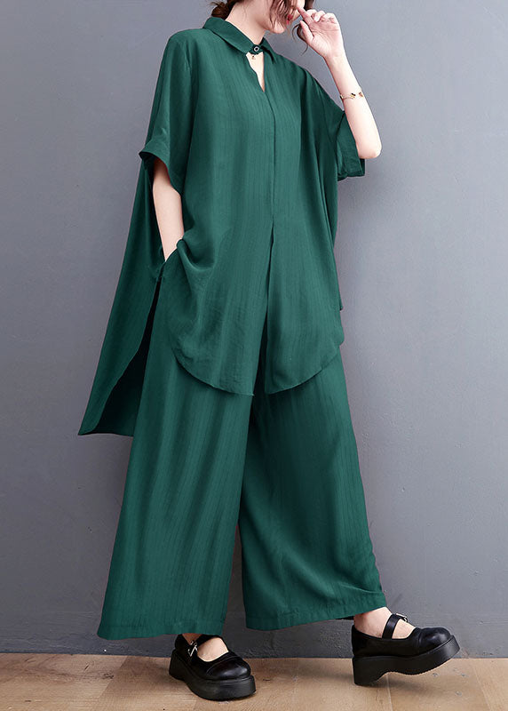 French Green Oversized Side Open Draping Silk Two Piece Set Women Clothing Summer