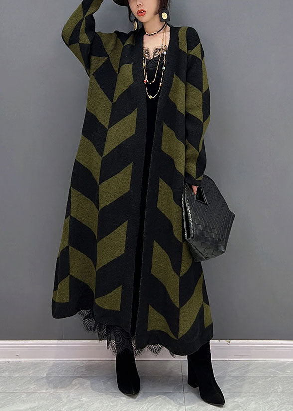 French Green Oversized Striped Thick Knit Long Cardigan Winter