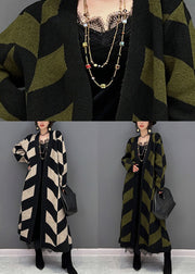French Green Oversized Striped Thick Knit Long Cardigan Winter