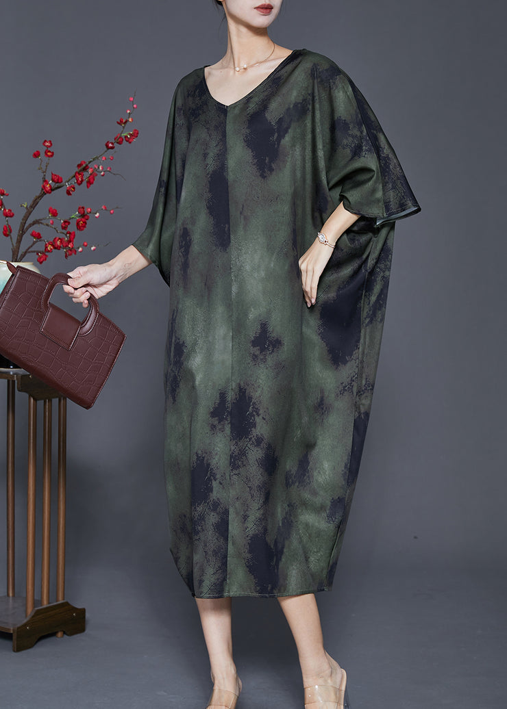 French Green Oversized Tie Dye Silk Dress Batwing Sleeve