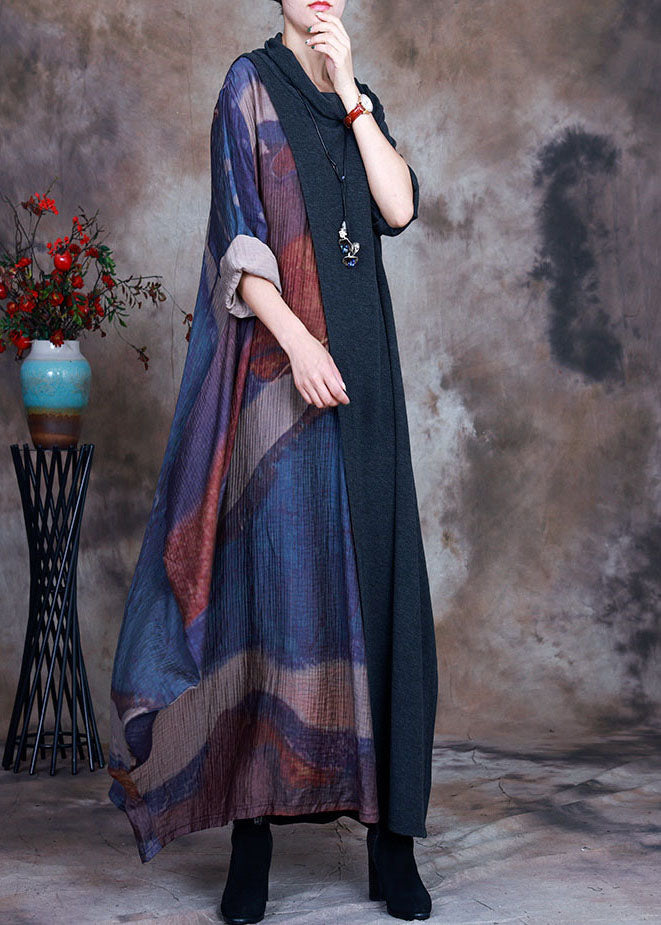 French Green Patchwork Blue Print Fall Long Dresses