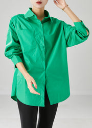 French Green Peter Pan Collar Oversized Cotton Shirts Fall