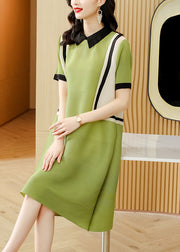 French Green Peter Pan Collar Patchwork 2024 Mid Dress Short Sleeve