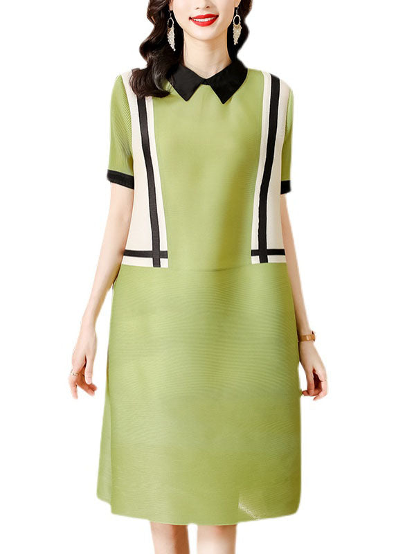 French Green Peter Pan Collar Patchwork 2024 Mid Dress Short Sleeve