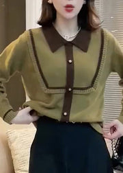 French Green Peter Pan Collar Patchwork Women Knitted Tops Fall