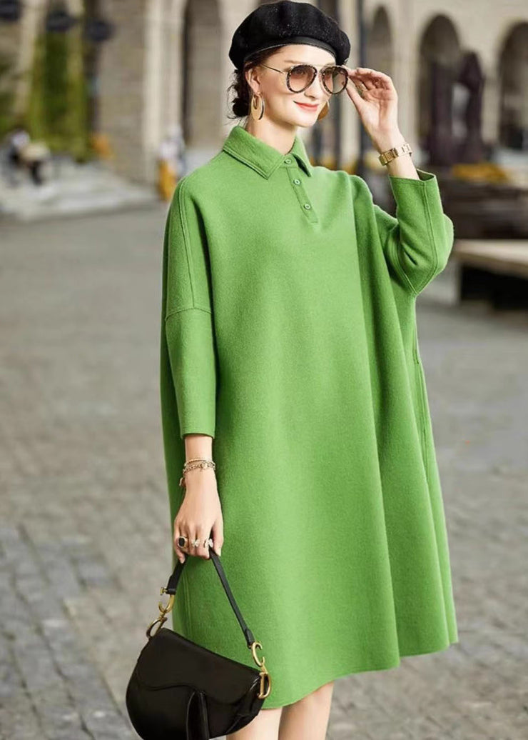 French Green Peter Pan Collar Patchwork Woolen Maxi Dress Long Sleeve