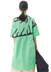 French Green Peter Pan Collar Print Cotton Long Shirts Summer